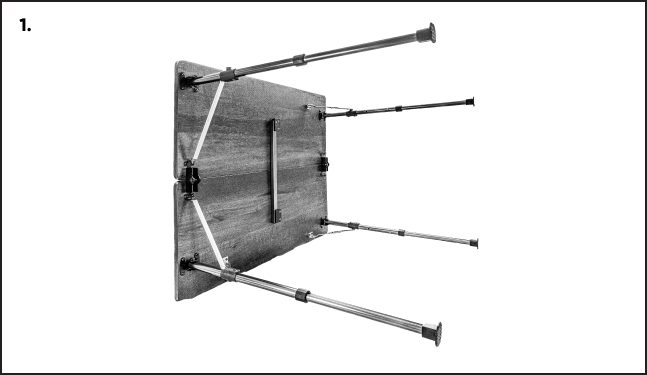 A wooden table with metal legs and four poles.