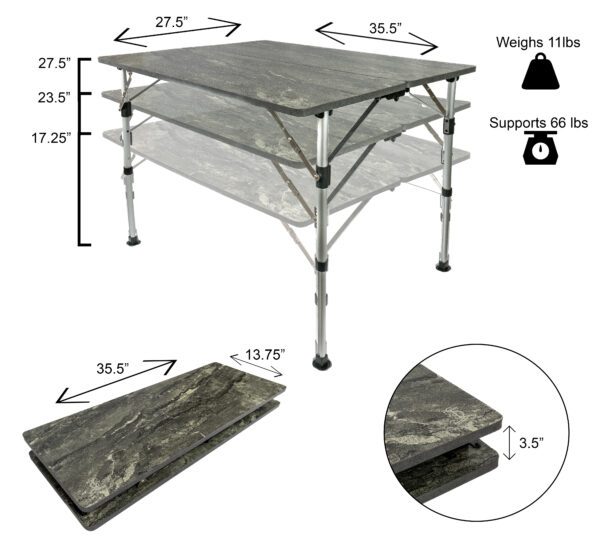 A table with measurements and dimensions of the top.