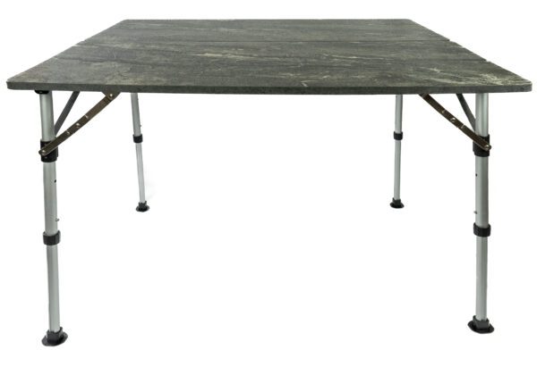 A table with metal legs and wooden top.