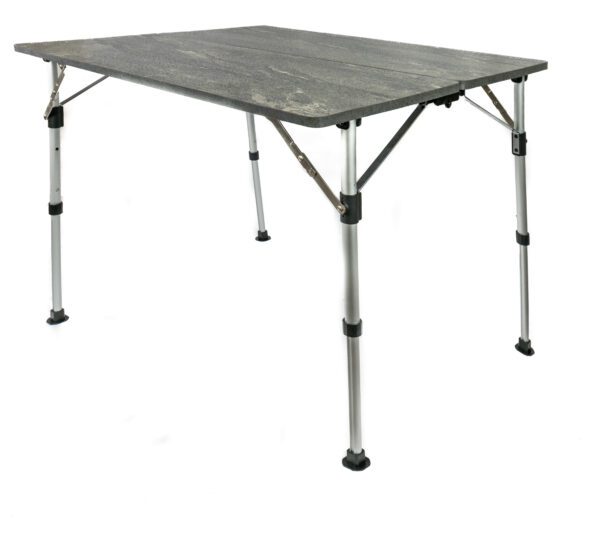 A table with two legs and a wooden top.